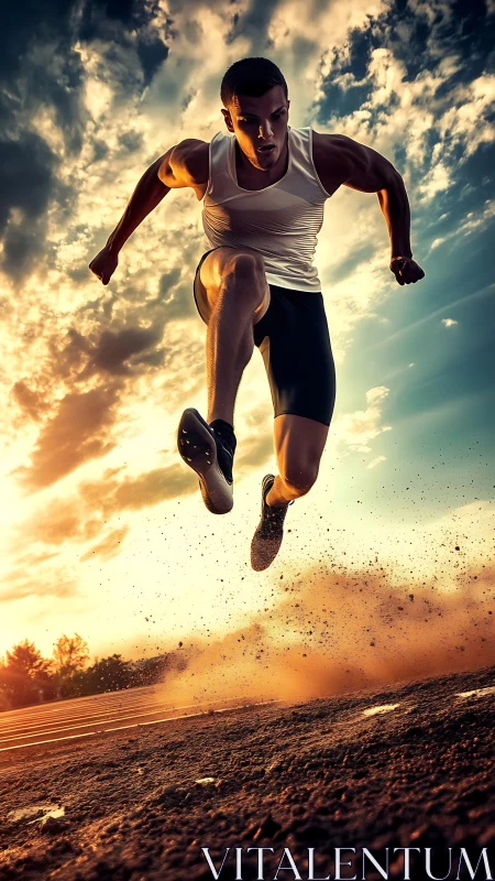Explosive sprinter captured mid-stride in golden hour dust.