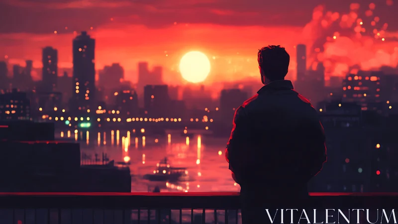 Digital painting skyline study with silhouetted urban figure.