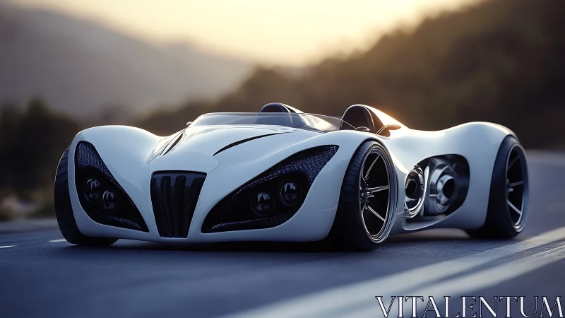 Futuristic white concept roadster on mountain highway at dusk.