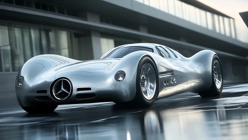 Streamlined silver concept race car with ultra-low drag bodywork.