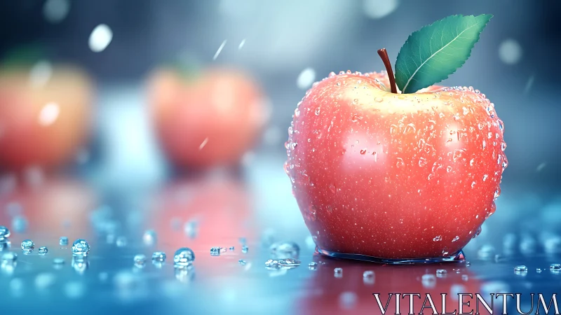Red apple with water droplets on reflective wet surface.