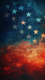 Abstract vertical composition of stars with red blue field.