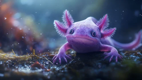 Pink axolotl rests on rocky aquatic floor in soft focus