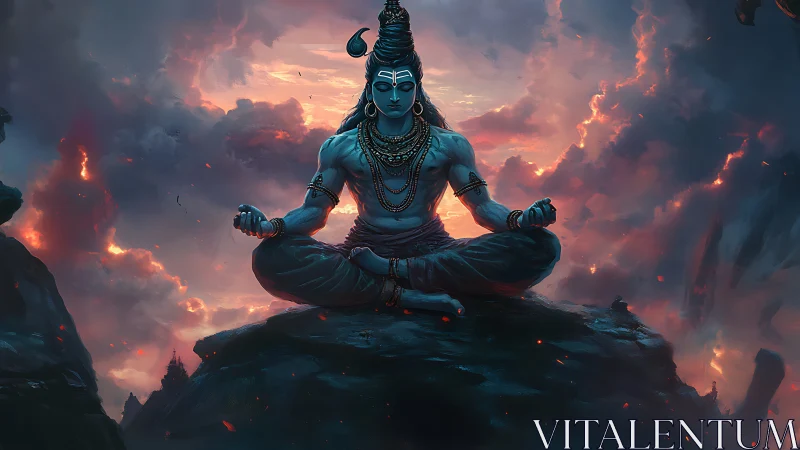Divine blue yogi in lotus posture amid incandescent storm clouds