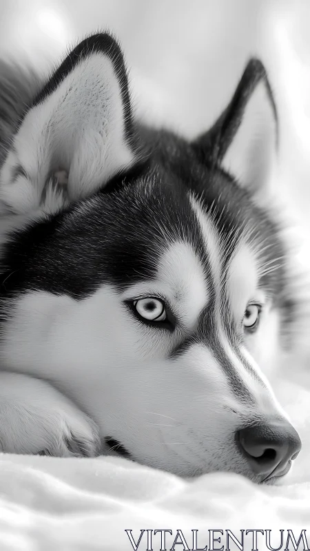Siberian husky rests quietly with intense icy blue gaze.