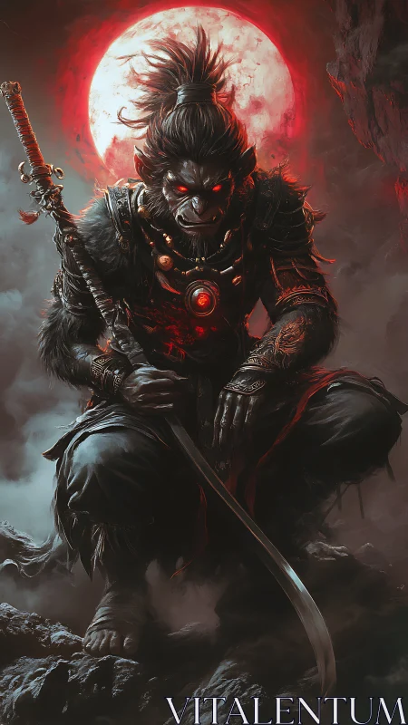 Simian warrior figure with sword before red lunar backdrop.