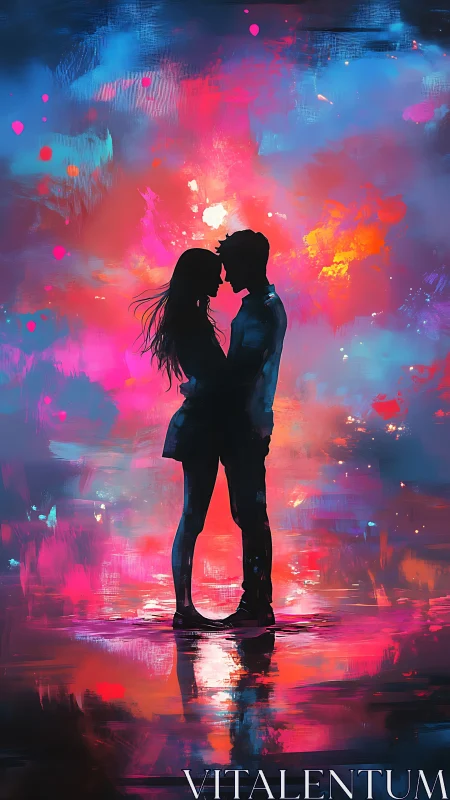 Silhouetted Couple Embracing Within Luminous Neon Plasma Field