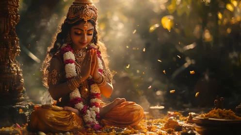 Hindu deity statue in seated pose amid ritual offerings.