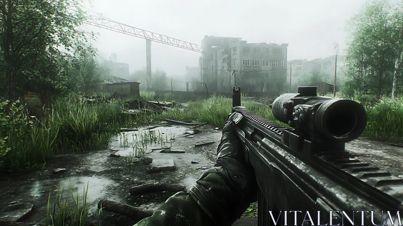 Rifle scope view over flooded urban industrial ruins.