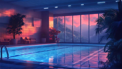 Indoor pool reflects neon dusk over distant misty mountains