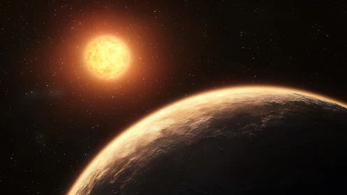 Illuminated exoplanet horizon beneath nearby dwarf star.