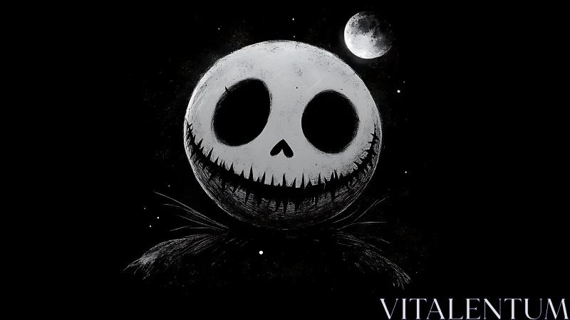 Monochrome skeletal jack-o-lantern head under high-contrast moonlight