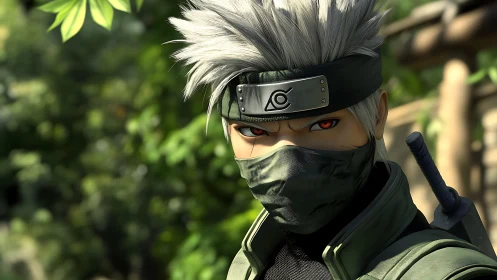 Silver haired masked ninja with headband in green forest