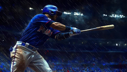 Right-handed baseball batter swinging under stadium rain lights