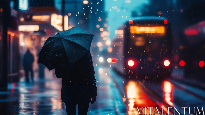Umbrella nomad waits as neon rain hums around the tram.