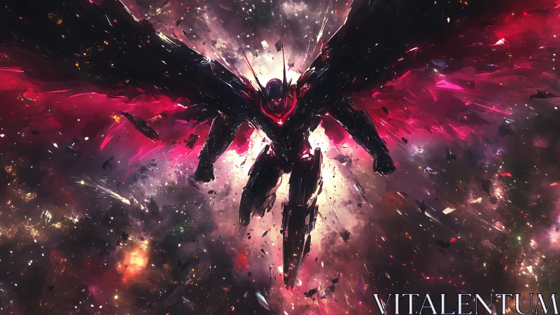 Fierce cosmic mech with blazing wings in radiant flight.