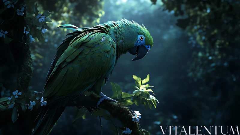 Moonlit jungle parrot resting in a hush of emerald light.