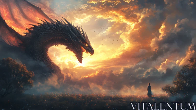 Sunlit dragon confronting lone figure in open field.