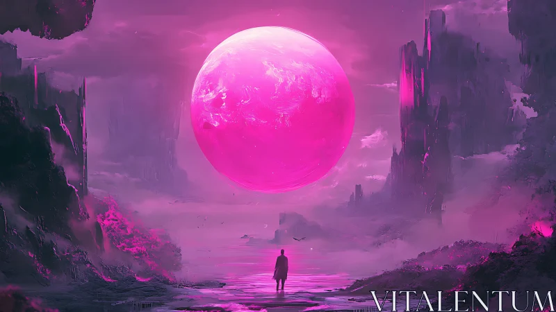 Solitary wanderer gazes at radiant pink planet in mist