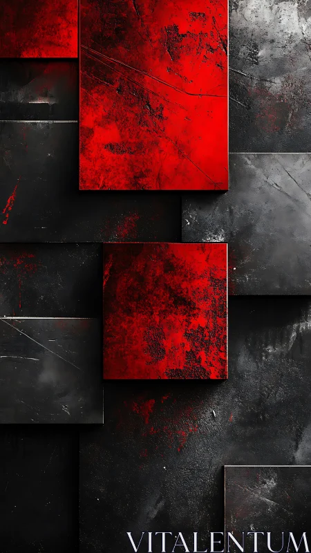 Scarlet fracture panels clash over charcoal industrial void.