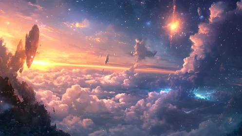 Celestial cloudscape with floating monoliths at astral sunrise.
