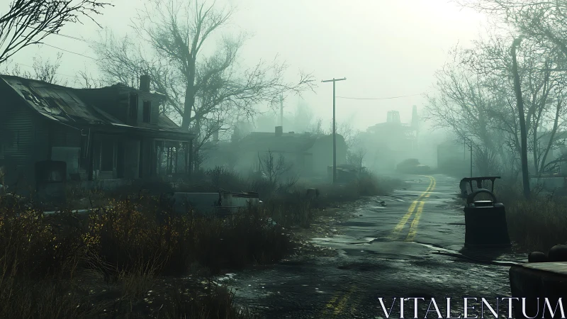 Foggy abandoned street with decayed rural houses at dawn.