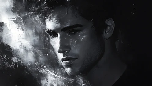 Monochrome digital portrait with dramatic chiaroscuro focus.