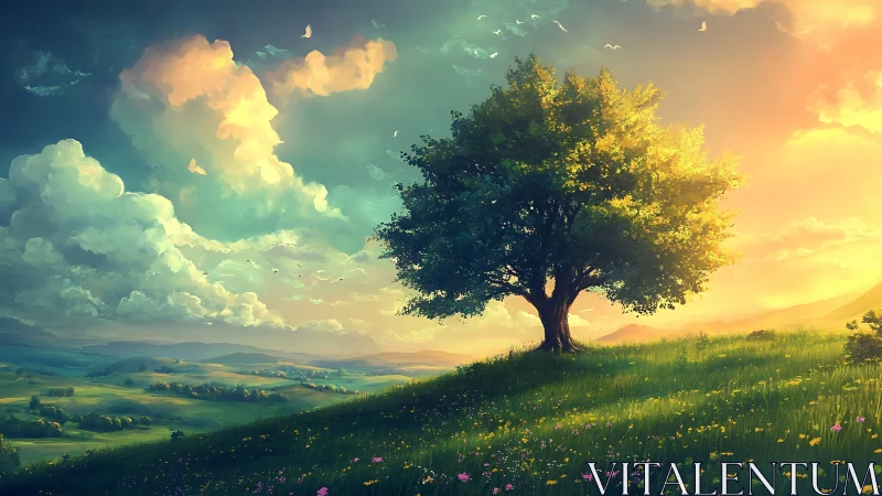 Solitary deciduous tree on sunlit meadow under clouds.