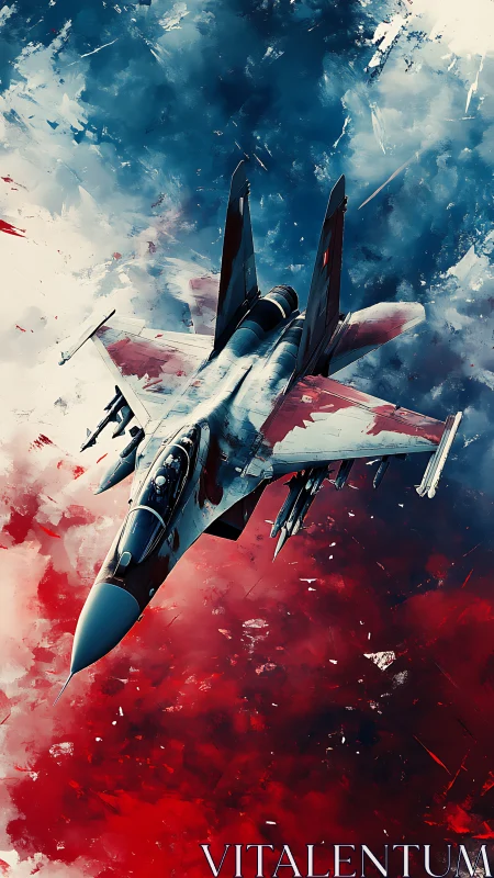 Sleek fighter jet soaring through bold red and blue skies.