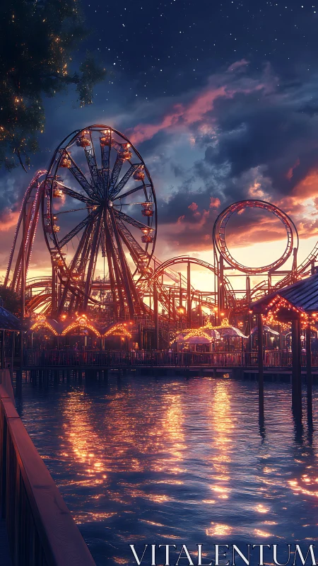 Glowing lakeside amusement park sparkles under twilight sky