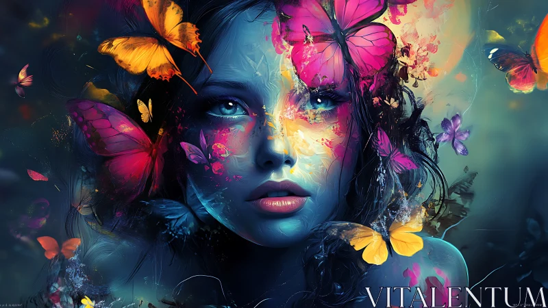 Surreal blue portrait merges with luminous butterflies in flight