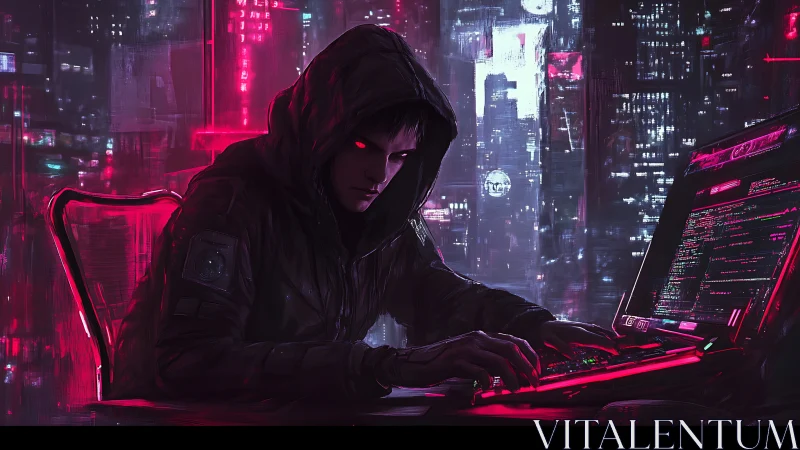 Neon-eyed night hacker weaving code in electric rainstorms.