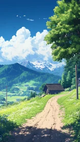 Mountain valley path curves toward distant snowcapped peaks