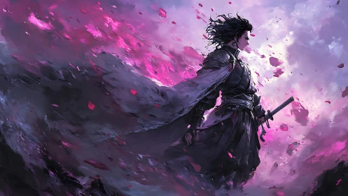 Samurai warrior strides through swirling magenta storm.