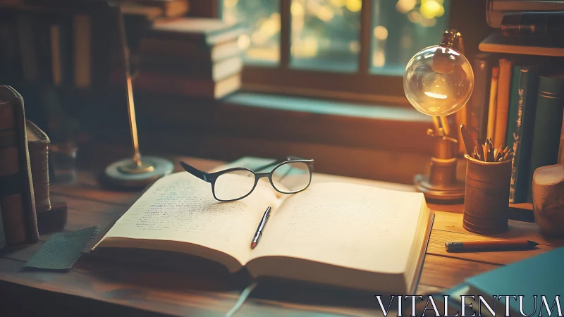 Warm study desk with open manuscript, glasses and lamp glow