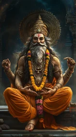 Meditating sage sits in ornate temple with golden halo crown