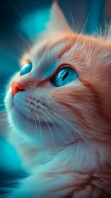 White Cat with Striking Blue Eyes Against Neon Turquoise Background.
