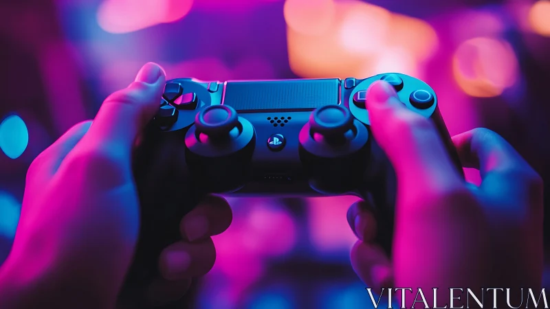 Neon-lit gamer hands gripping console controller tightly.