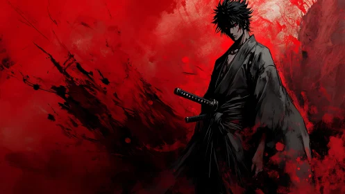 Dark-haired swordsman stands before red abstract background