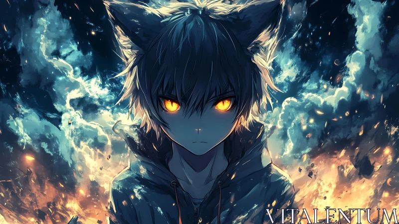 Fire-eyed fox boy stands amid storming embers and clouds.