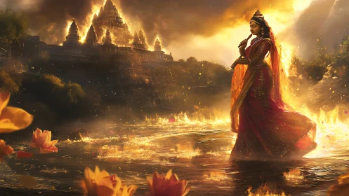 Divine woman walks across glowing river before burning temple