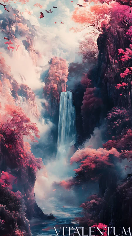 Dreamlike pink canyon waterfall shimmers through misty light