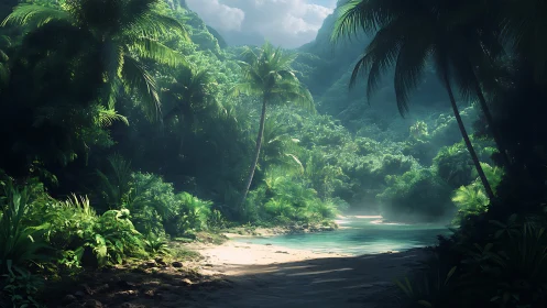 Tropical valley with river and palm vegetation.