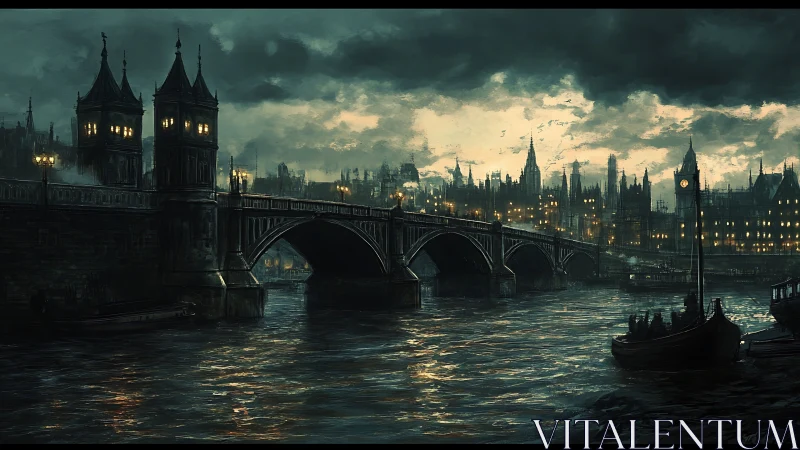 Brooding neo-Victorian bridge over storm-lit river cityscape.