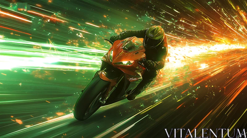 Motorcycle and rider traverse luminous streaked tunnel space