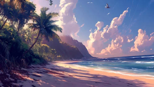 Digital illustration depicts tropical coastal landscape with volumetric atmospheric rendering and go