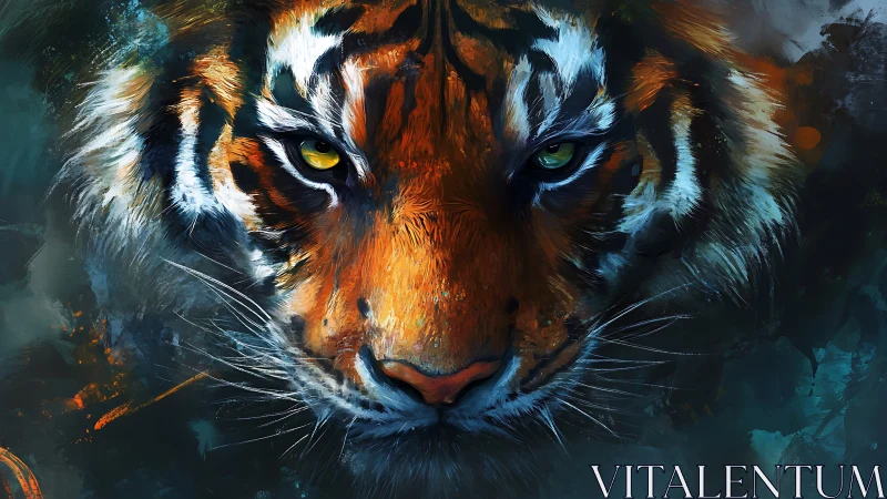 Burning gaze of the tiger amid teal stormed shadows.