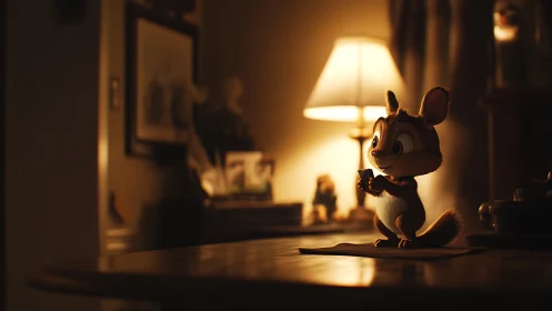 Warm-lit chipmunk character studying phone on table at night.