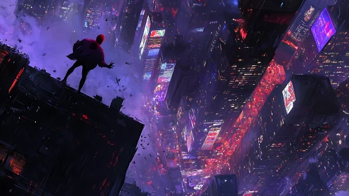 Solitary caped figure overlooking neon-dense cyberpunk megacity