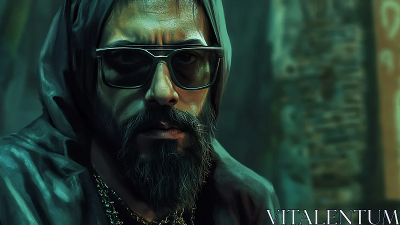 Hooded bearded figure wearing dark sunglasses faces viewer